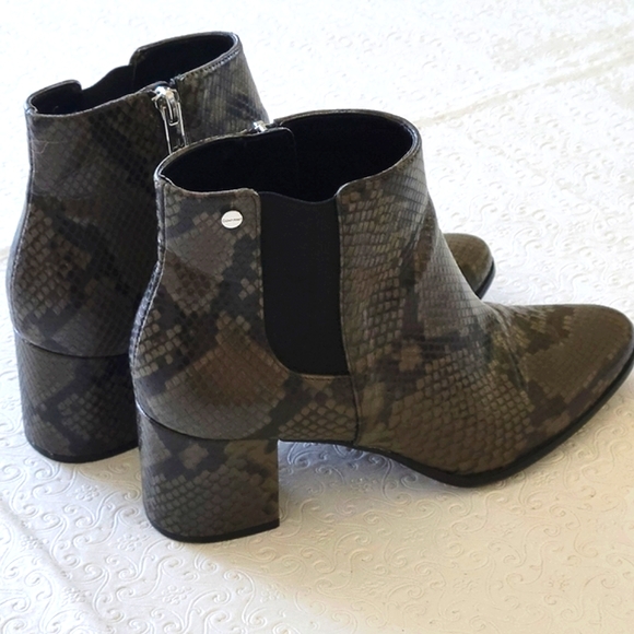 Calvin Klein Shoes - Calvin Klein Fiona Black/Army Green Snake Embossed block heel Bootie Women's 8.5